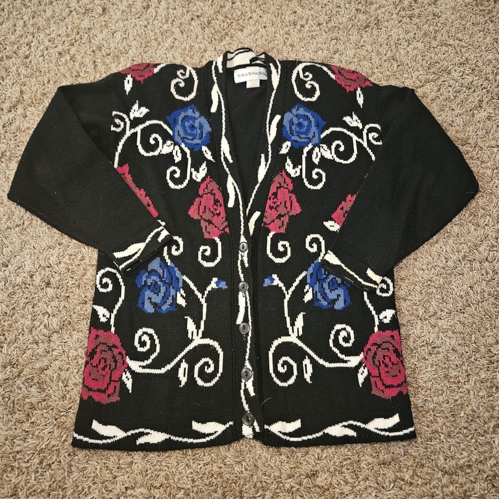 Vintage Norton‎ McNaughton Sweater Womens Size M Black Blue Pink Cardigan Floral